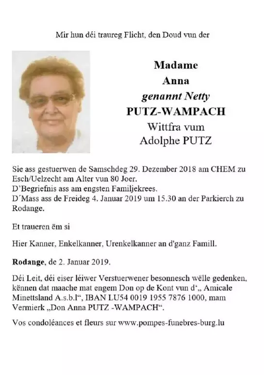 Traueranzeige für Anna PUTZ-WAMPACH