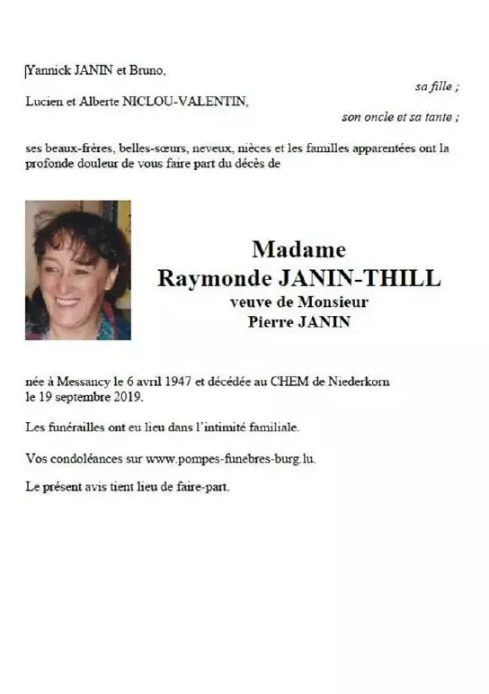 Traueranzeige für Raymonde JANIN-THILL