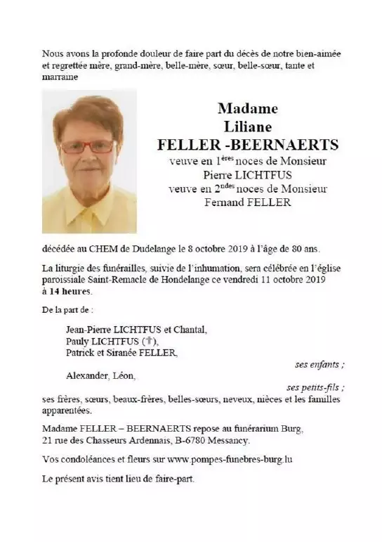 Traueranzeige für Liliane FELLER -BEERNAERTS