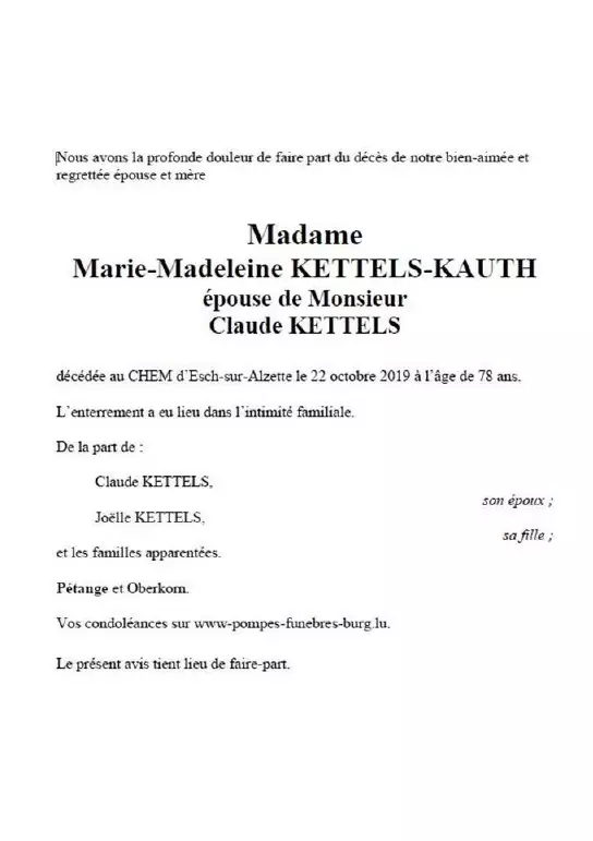 Traueranzeige für Marie-Madeleine KETTELS-KAUTH