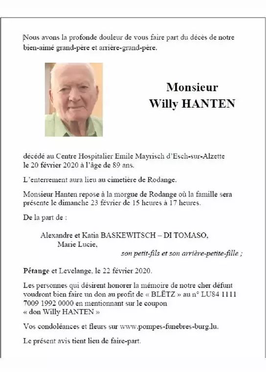 Traueranzeige für Willy HANTEN