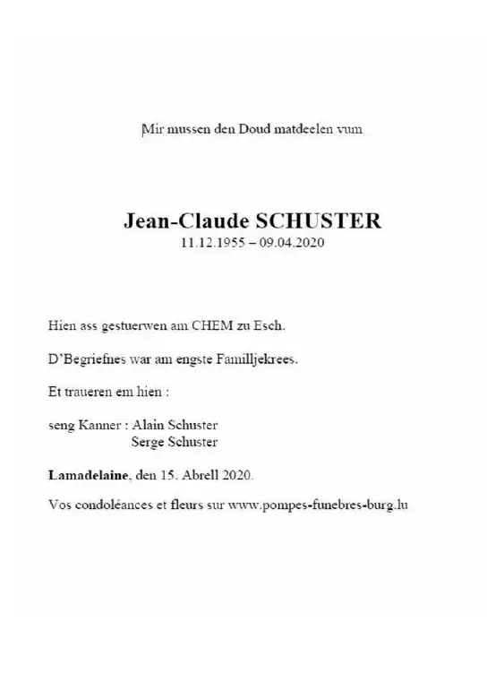 Traueranzeige für Jean-Claude SCHUSTER