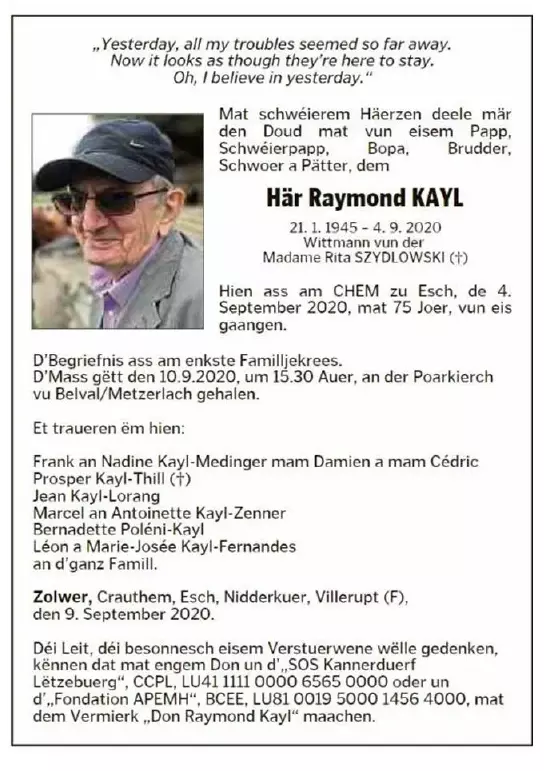 Traueranzeige für Raymond Kayl