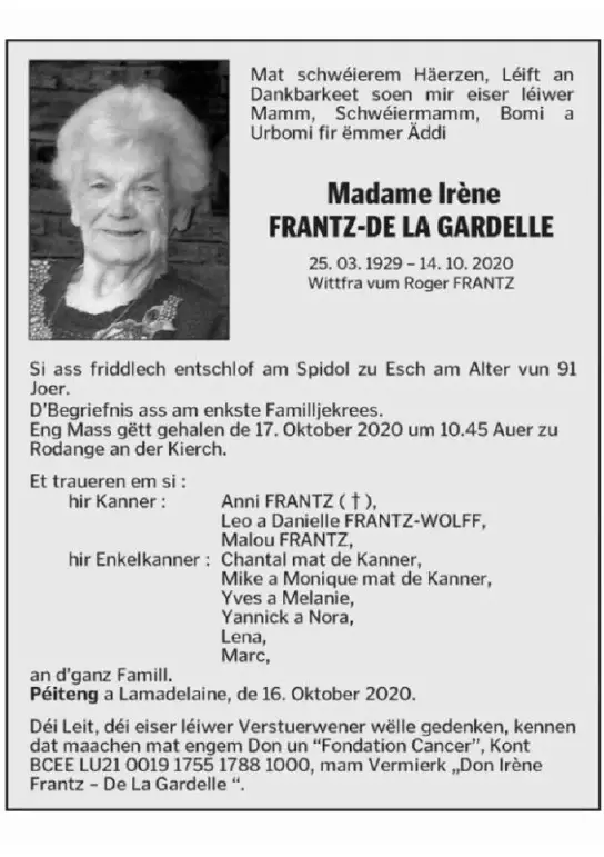 Traueranzeige für Irène FRANTZ-DE LA GARDELLE