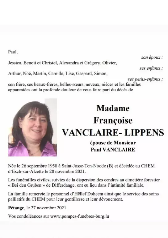 Traueranzeige für Françoise VANCLAIRE- LIPPENS