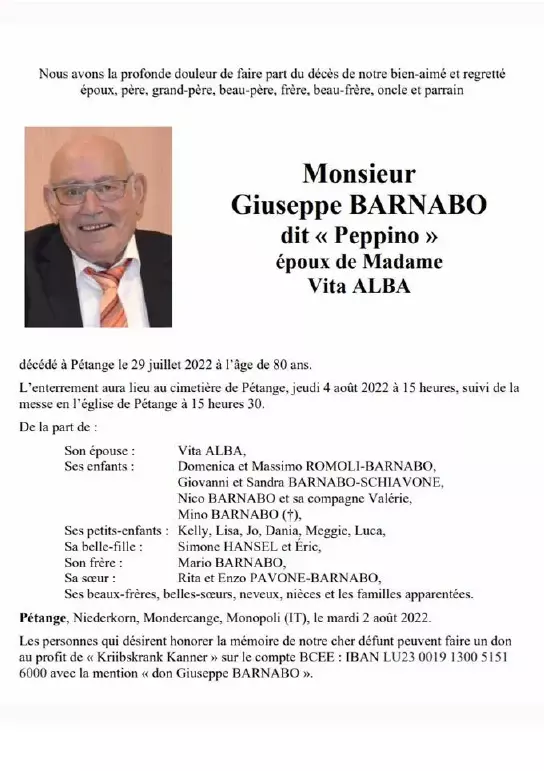 Traueranzeige für Giuseppe BARNABO