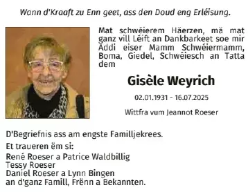 Traueranzeige für Gisèle Weyrich