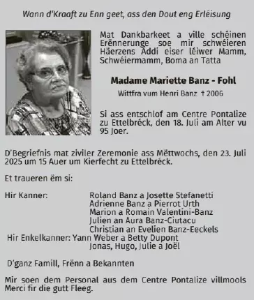 Traueranzeige für Mariette Banz - Fohl