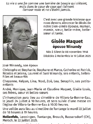 Traueranzeige für Gisèle Maquet