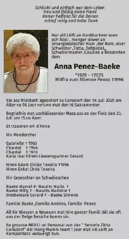 Traueranzeige für Anna Penez Baeke