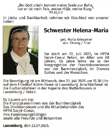 Traueranzeige für Schwester Helena-Maria