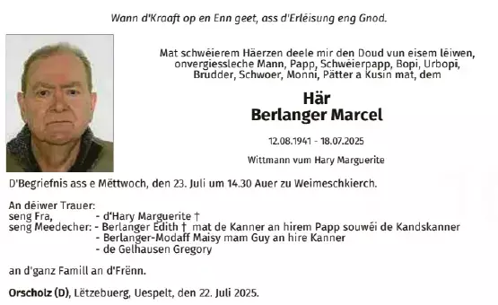 Traueranzeige für Marcel Berlanger