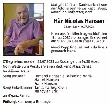 Traueranzeige für Nicolas Hansen