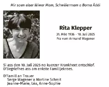 Traueranzeige für Rita Klepper
