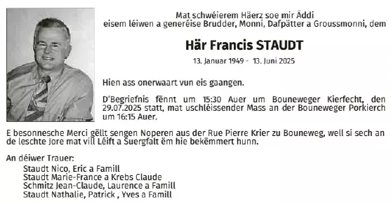 Traueranzeige für Francis Staudt