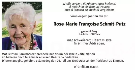 Traueranzeige für Rose-Marie Françoise Schmit-Putz