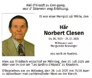 Traueranzeige für Norbert Clesen