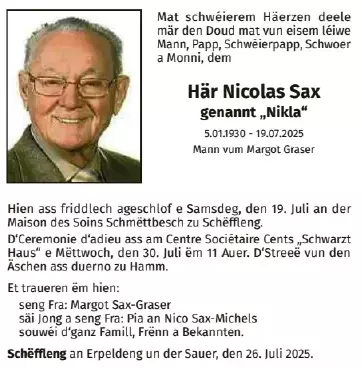 Traueranzeige für Nicolas Sax