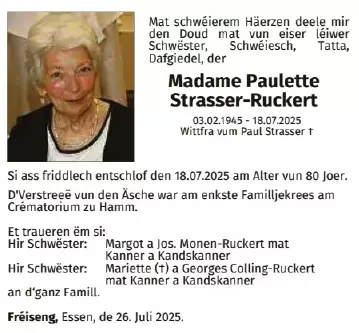 Traueranzeige für Paulette Strasser-Ruckert