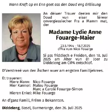 Traueranzeige für Lydie Anne Fouarge-Maier