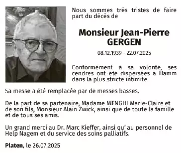 Traueranzeige für Jean-Pierre Gergen