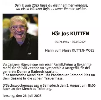 Traueranzeige für Jos Kutten