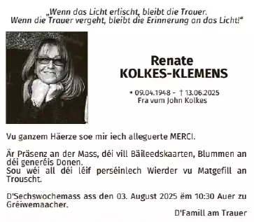 Traueranzeige für Renate Kolkes-Klemens