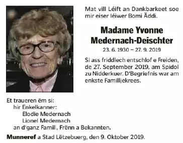 Traueranzeige für Yvonne Medernach-Deischter