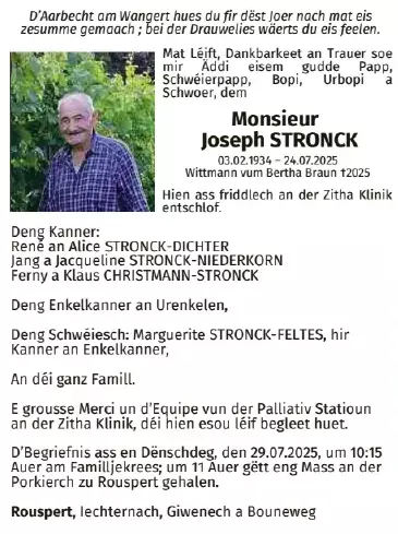 Traueranzeige für Joseph Stronck