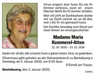 Traueranzeige für Maria Hammerel-Atten