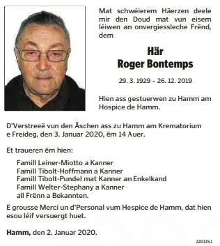 Traueranzeige für Roger Bontemps