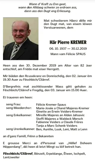 Traueranzeige für Pierre Kremer