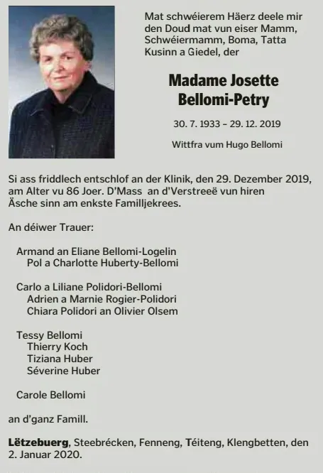 Traueranzeige für Josette Bellomi-Petry