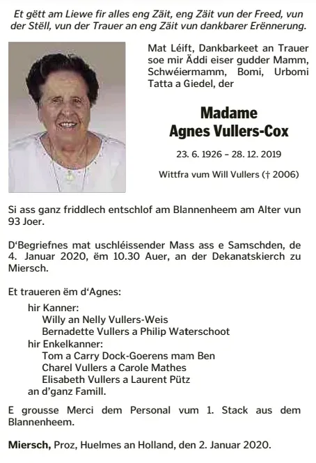Traueranzeige für Agnes Vullers-Cox