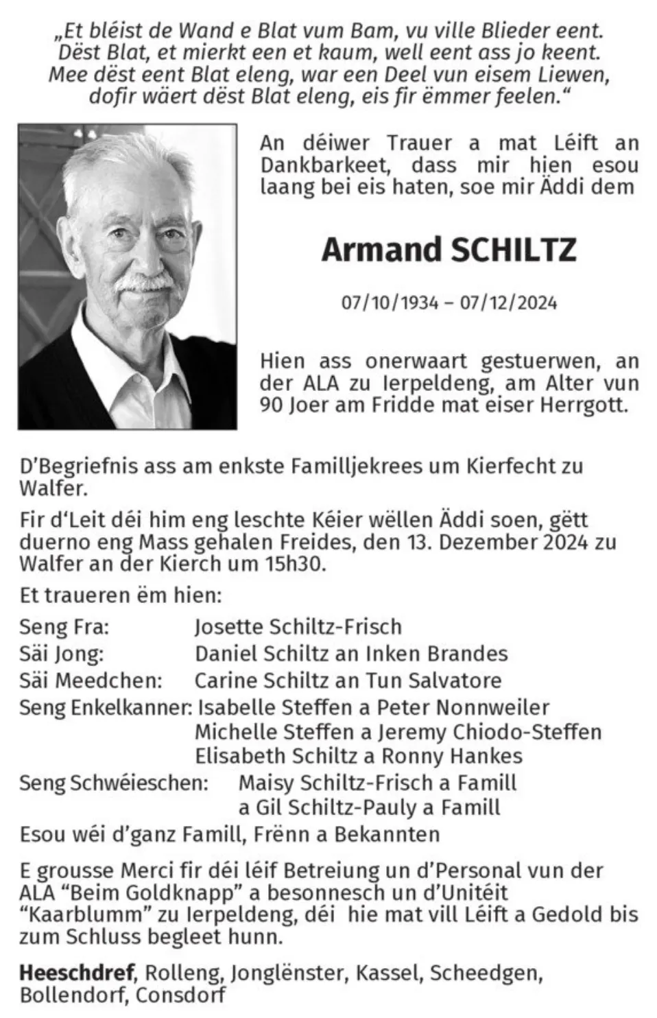 Traueranzeige für Armand Schiltz