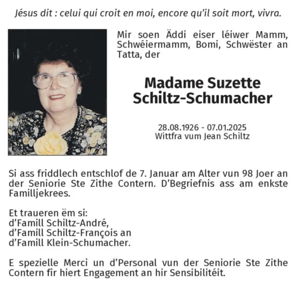 Traueranzeige für Suzette Schiltz-Schumacher