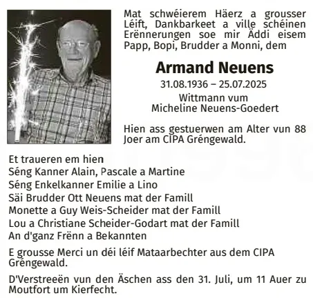 Traueranzeige für Armand Neuens