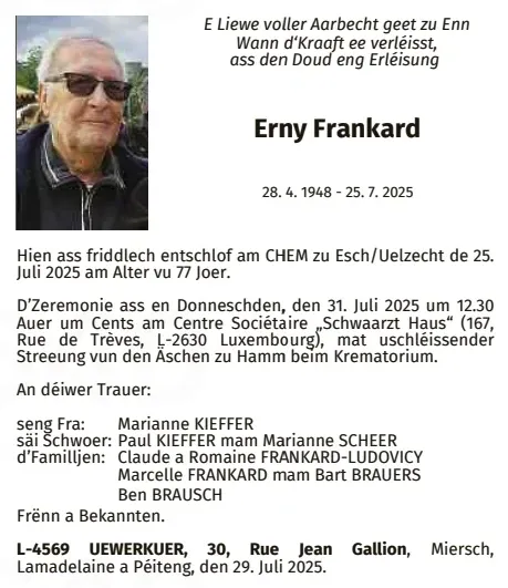 Traueranzeige für Erny Frankard