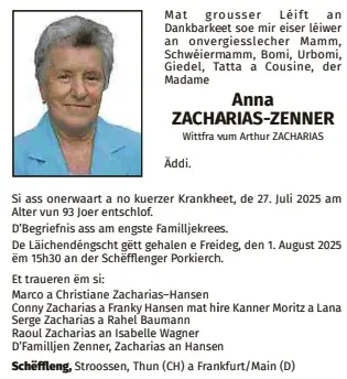 Traueranzeige für Anna Zacharias-Zenner