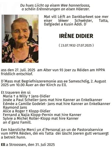 Traueranzeige für Irène Didier