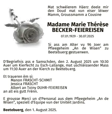 Traueranzeige für Marie Thérèse Becker-Feiereisen