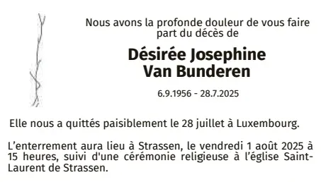 Traueranzeige für Désirée Josephine Van Bunderen