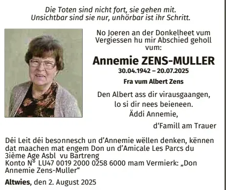 Traueranzeige für Annemie Zens-Muller