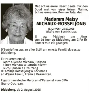 Traueranzeige für Maisy Michaux-Rosseljong