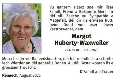 Traueranzeige für Margot Huberty - Waxweiler