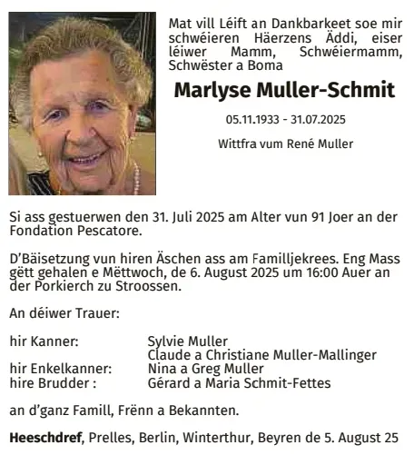 Traueranzeige für Marlyse Muller-Schmit