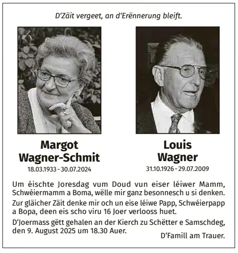 Traueranzeige für Louis Wagner Margot Wagner-Schmit