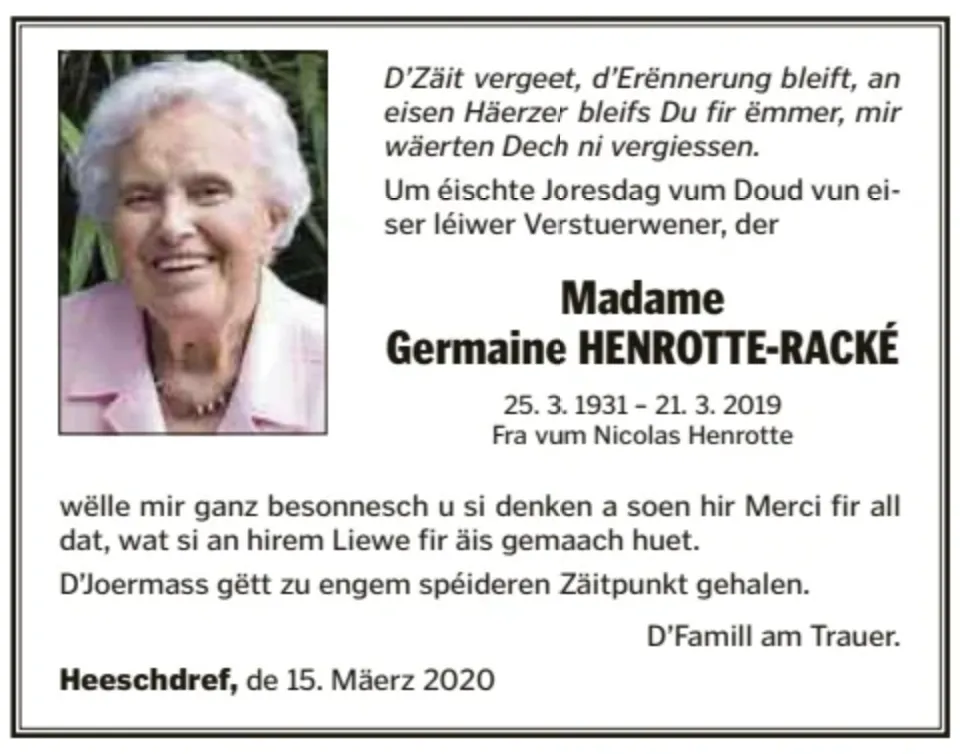 Traueranzeige für Germaine Henrotte-Racké