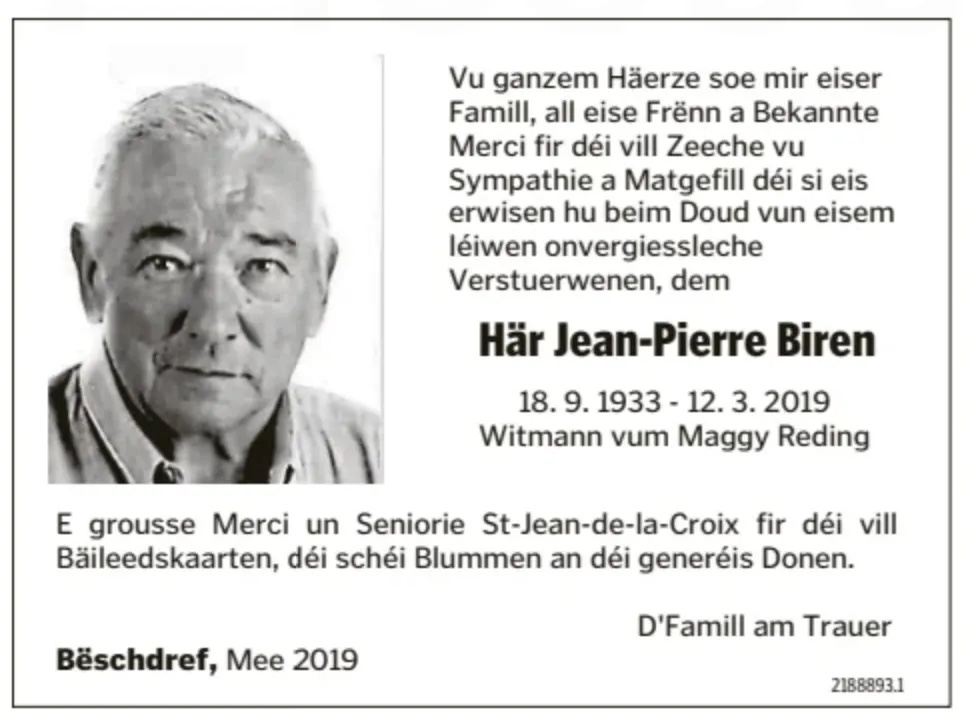 Traueranzeige für Jean-Pierre Biren