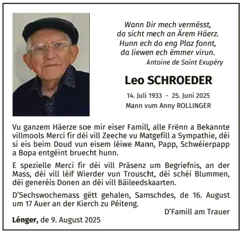 Traueranzeige für Leo Schroeder